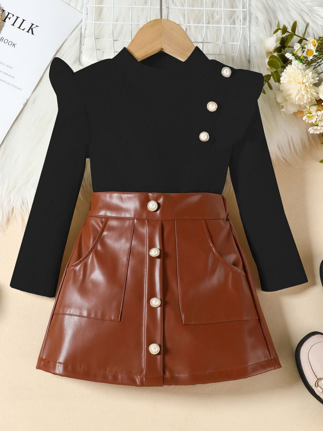 Children's Ruffled Trim Ribbed Top & Faux Leather Skirt Set
