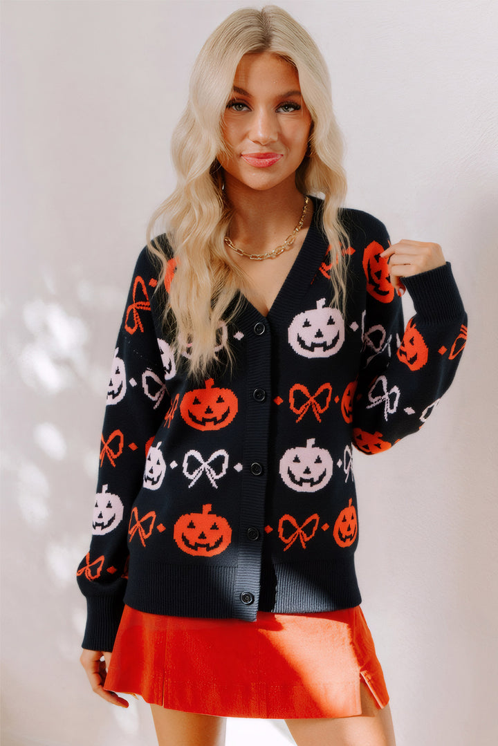 Black Halloween Pumpkin Bow Knit Button V Neck Sweater Cardigan