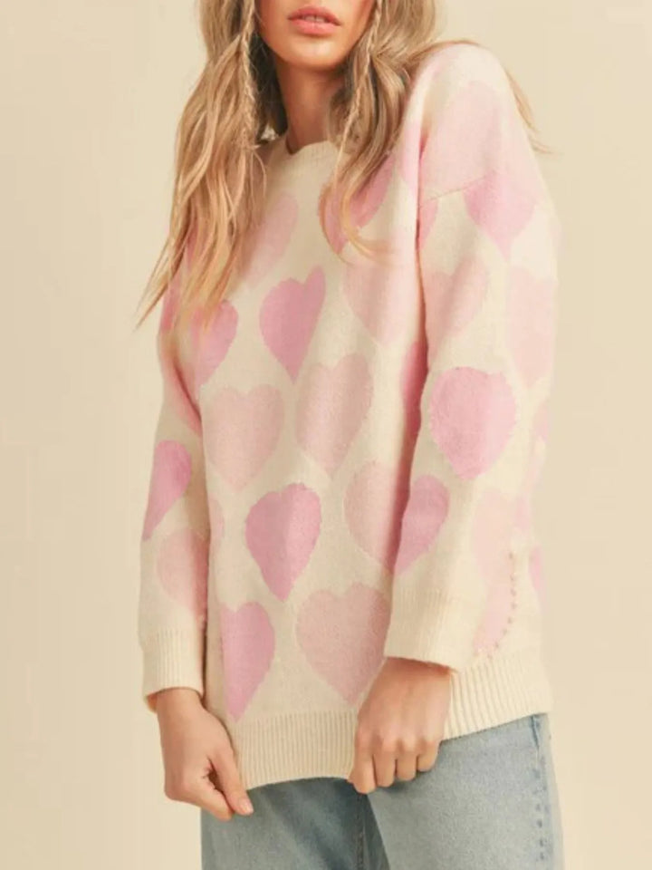 Heart Ribbed Hem Long Sleeve Sweater