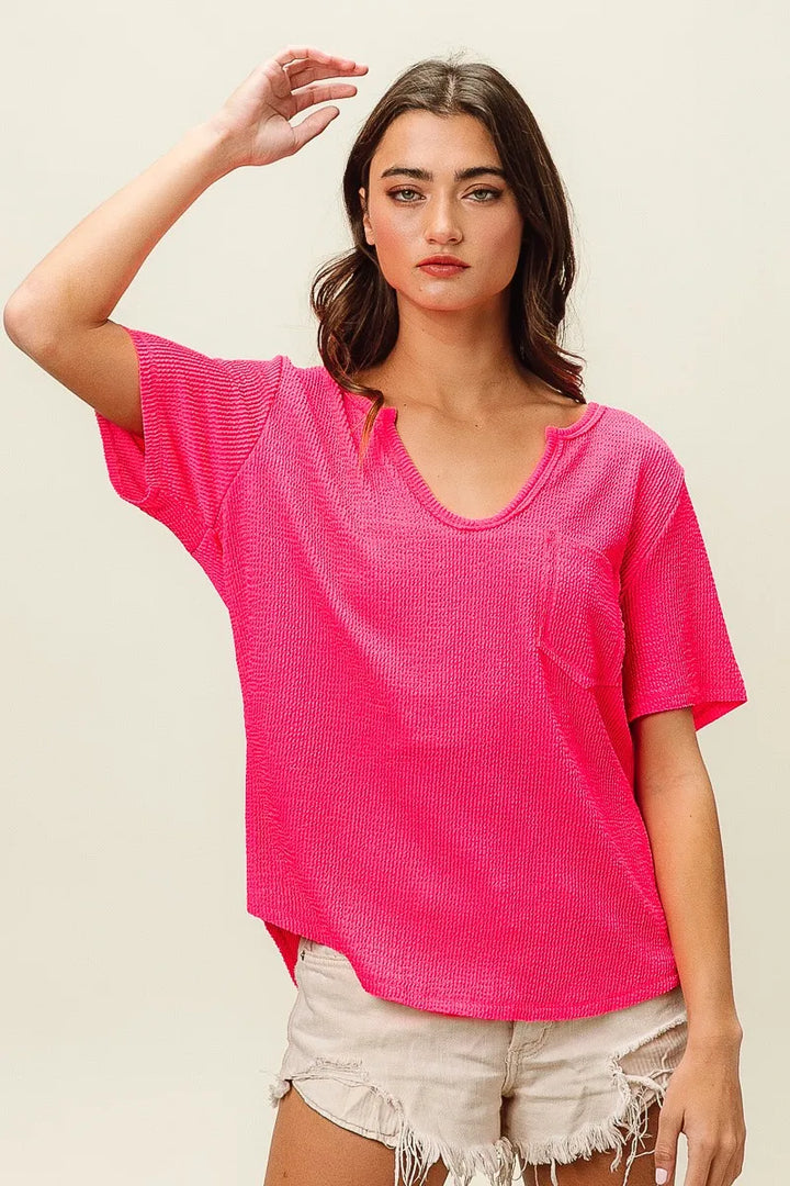 BiBi Waved Rib U Neck Top With Front Pocket