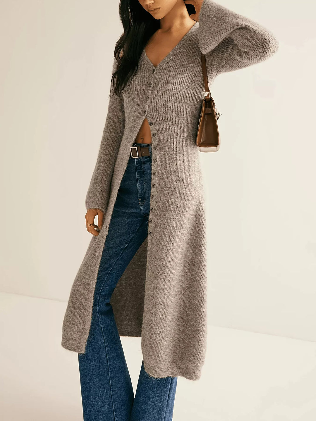 Longline Button-Down Bell Sleeve Cardigan