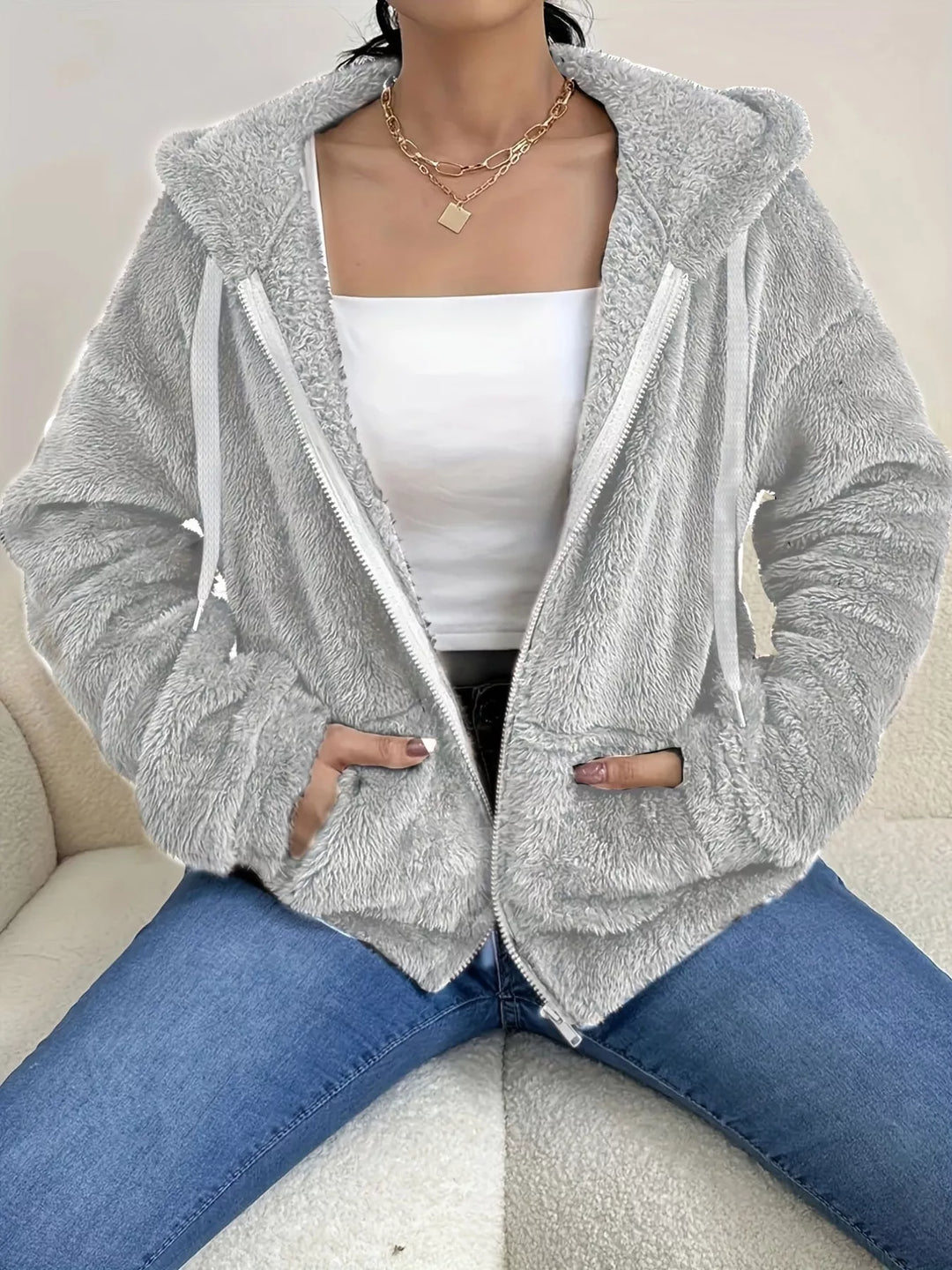 Drawstring Fleece Zip-Up Outerwear