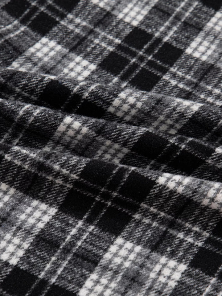 Plaid Polo Collar Zip up Contrast Trim Shift Long Sleeve Mini Dress