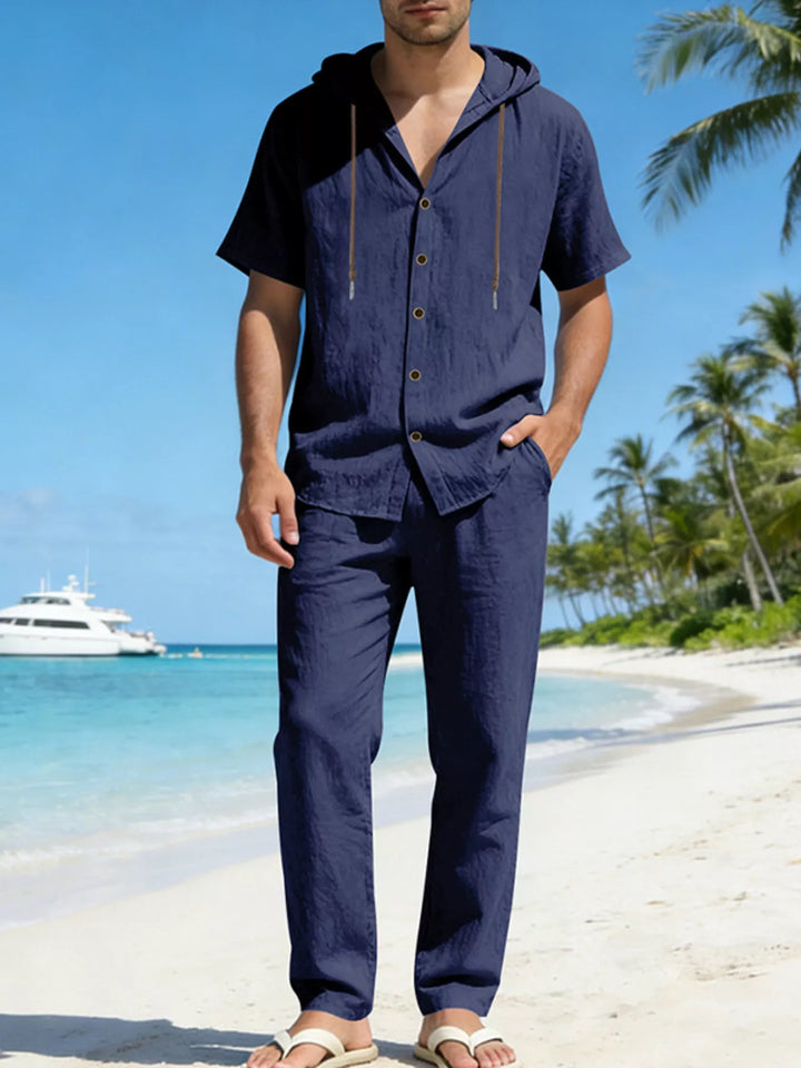 Men's Full Size Button Up Hooded Top and Pants Set Plus Size