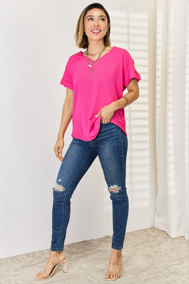 V-Neck Tee with Rolled Sleeves
