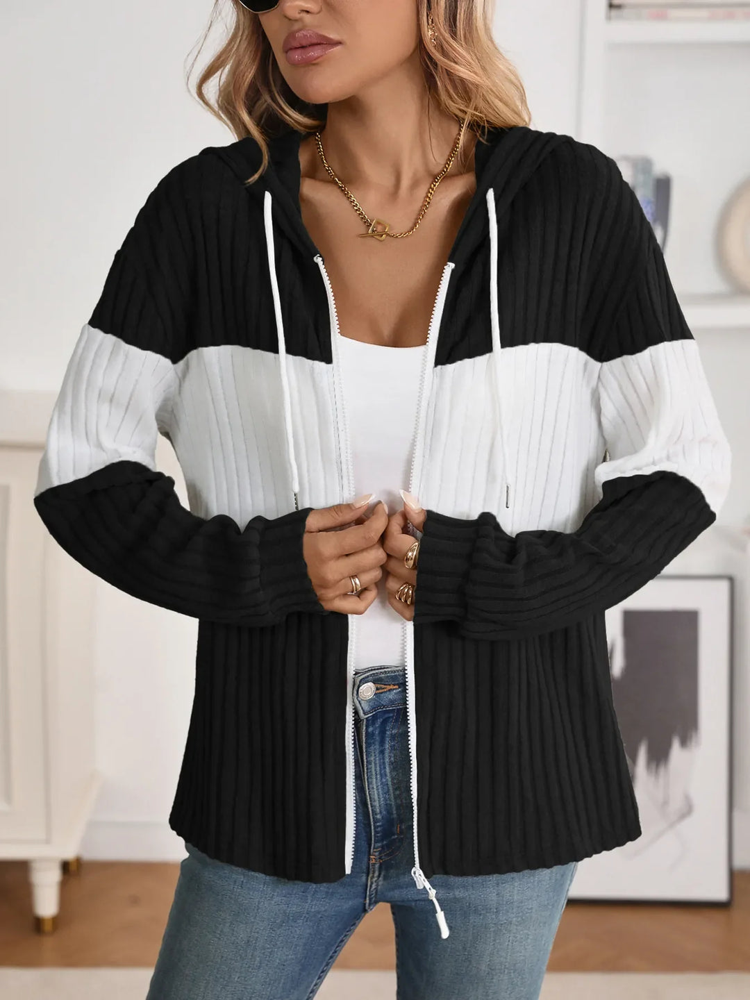 Drawstring Color Block Zip Up Outerwear