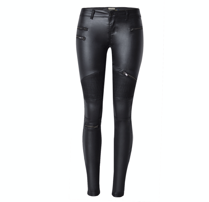 Women Faux Leather Denim Skinny Pants Stitching Multi-Zipper Motorcycle plus Size