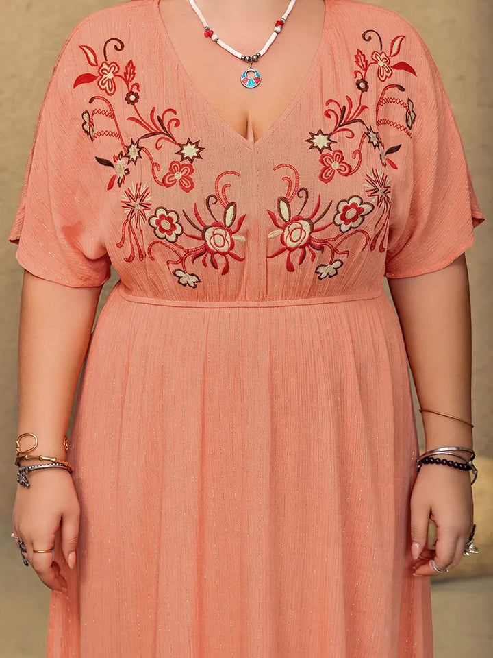 Plus Size Frill Embroidered V-Neck Half Sleeve Maxi Dress
