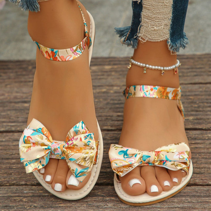 Floral Bowknot Ankle Strap Flat Sandals