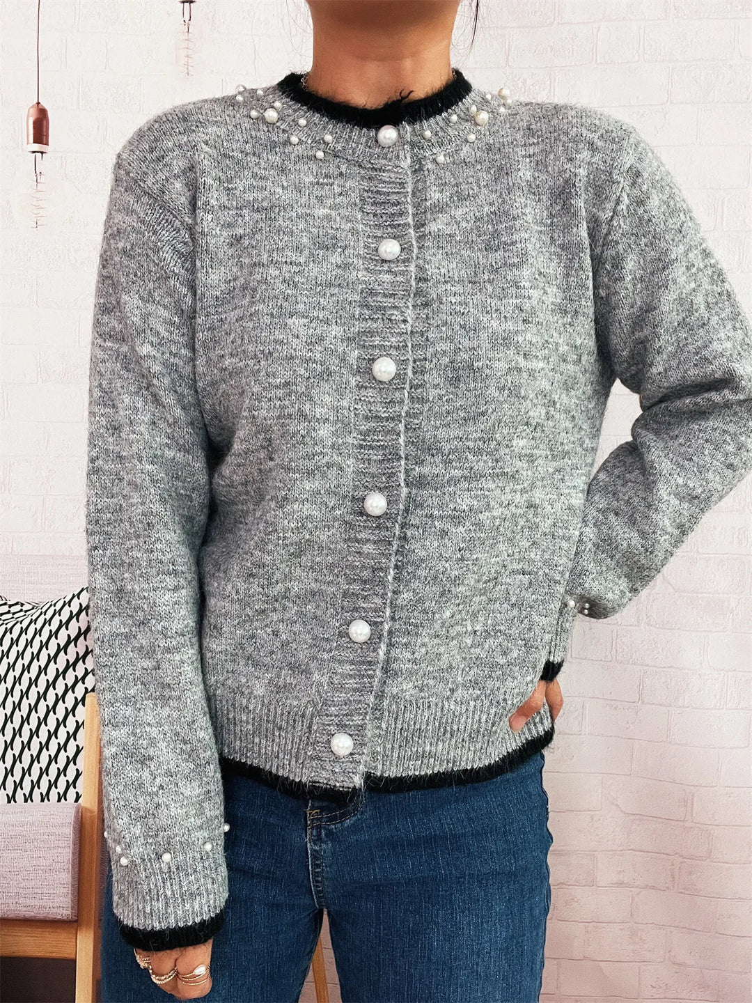 Pearl Embellished Button-Front Cardigan