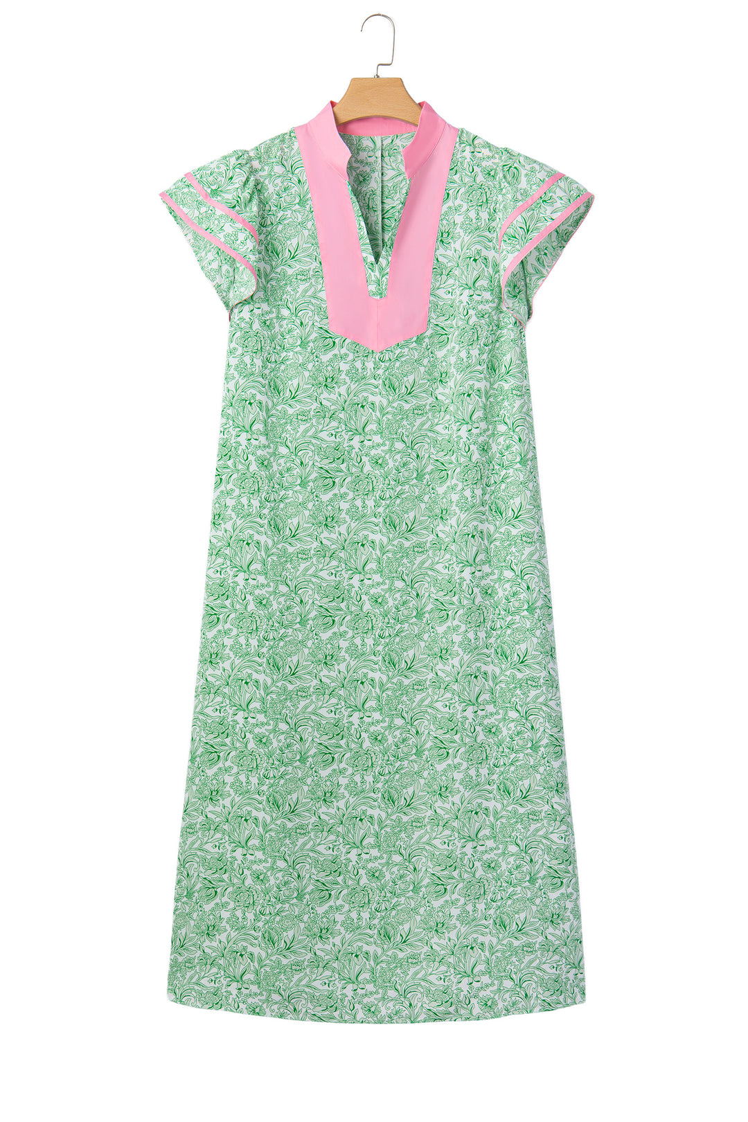 Green Plus Size Contrast Trim Flutter Sleeve Floral Kaftan Maxi Dress