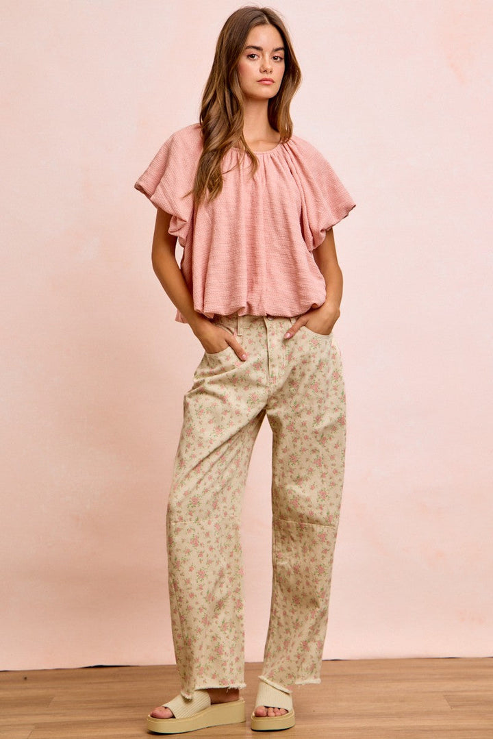 BiBi Stripes Textured Shirred Neckline Bubble Hem Top