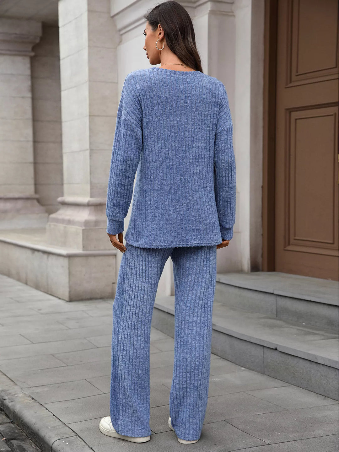 Ribbed Round Neck Top and Pants Set