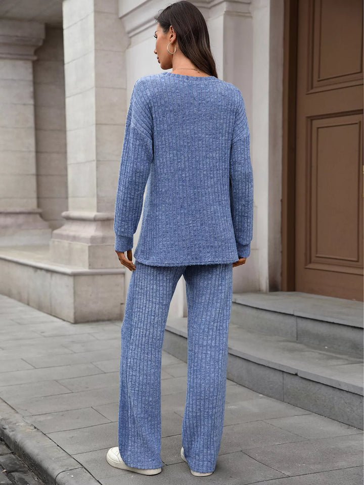 Ribbed Round Neck Top and Pants Set