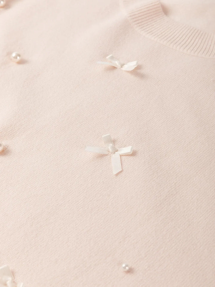 Pearl Embellished Bow Detail Short Sleeve Sweater