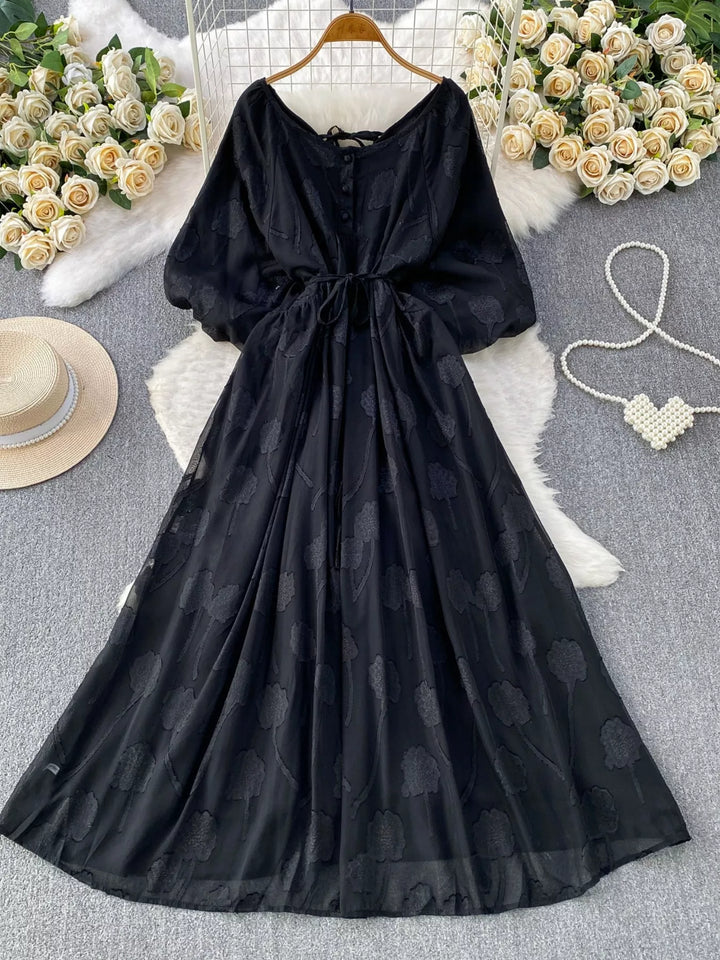 Button Front Puff Sleeve Chiffon Dress