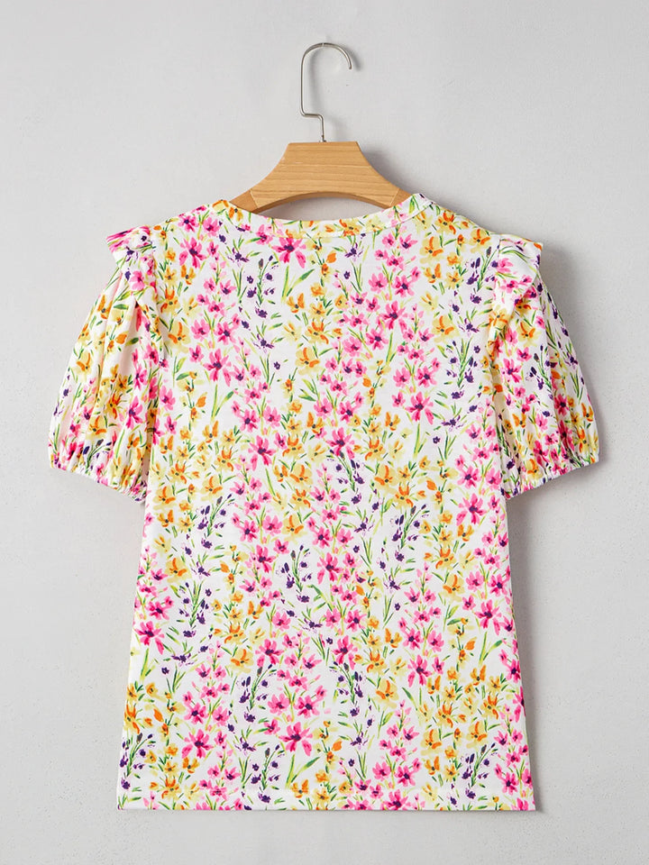 Floral Puff Sleeve Crewneck Blouse