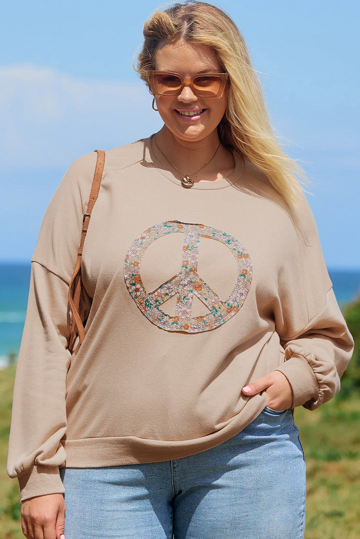 Sweat-shirt grande taille en tissu éponge délavé kaki pâle à motif floral et signe de paix