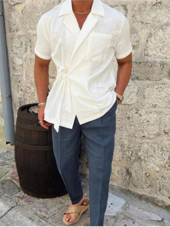 Men's Plus Size Tied Lightweight Linen Wrap Top