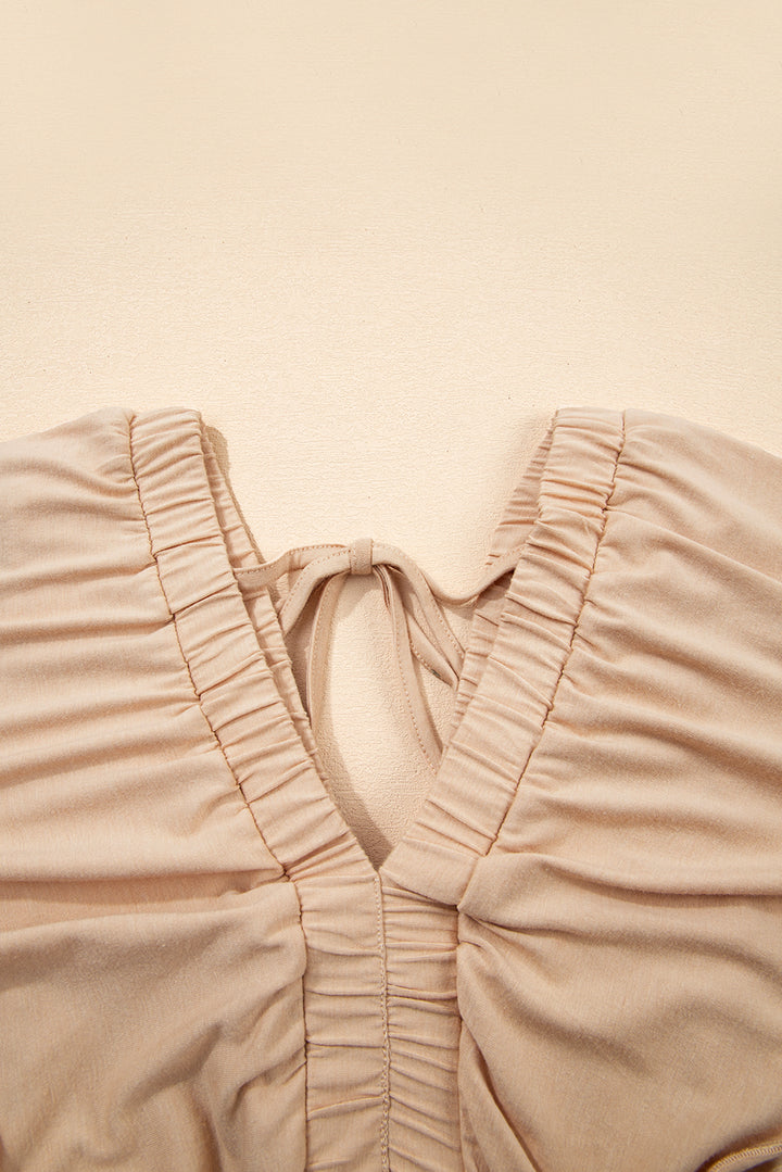 Parchment Textured V Neck Flutter Sleeve Ruffled Maxi Dress