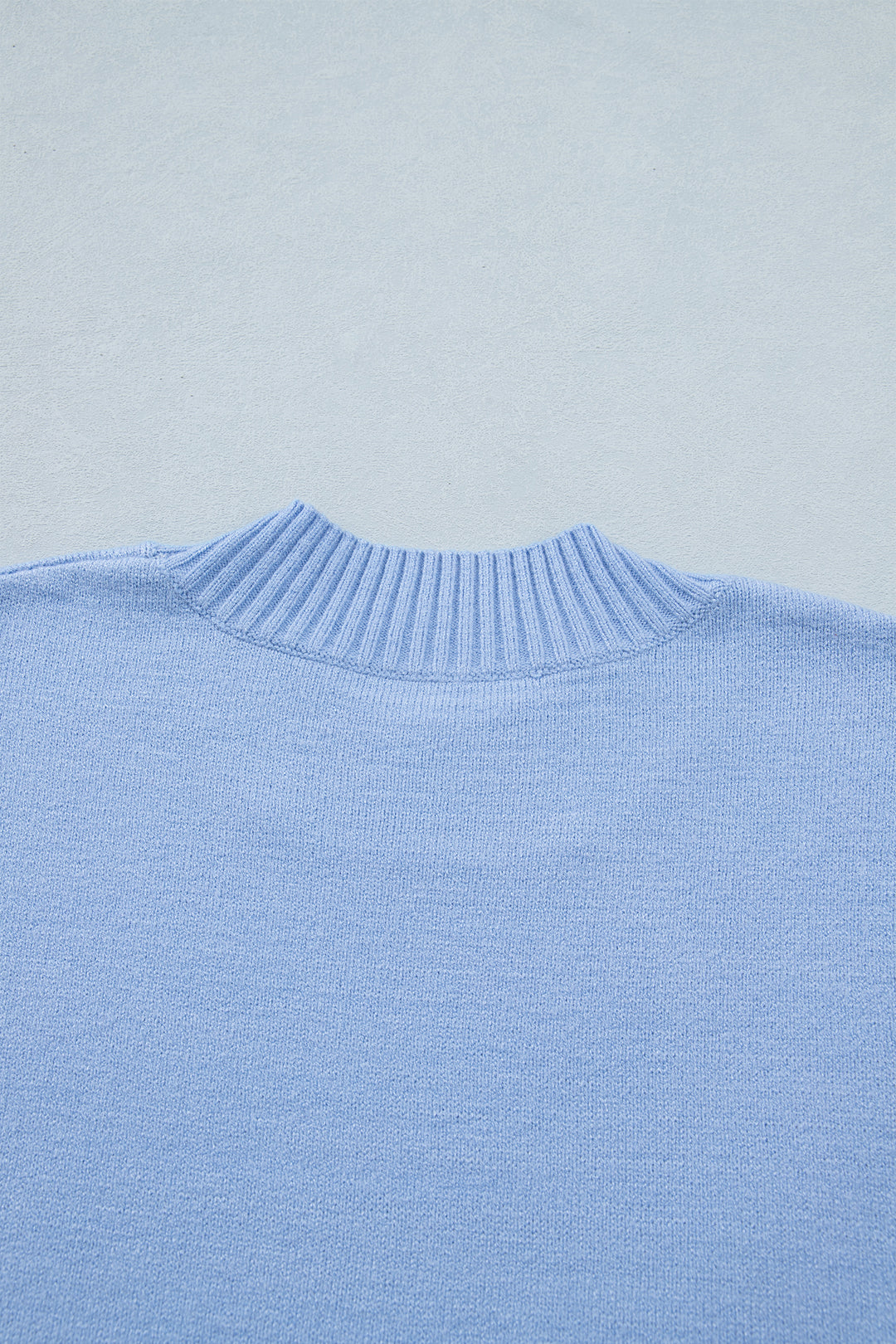 Beau Blue Solid Color Ribbed Trim Round Neck Ruffle Short Sleeve Sweater