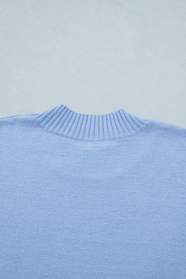 Beau Blue Solid Color Ribbed Trim Round Neck Ruffle Short Sleeve Sweater