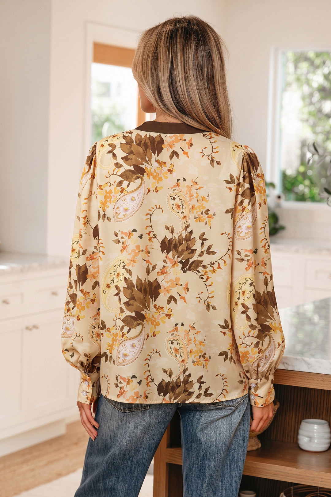 Khaki Paisley Print Tie Neck Long Sleeve Blouse