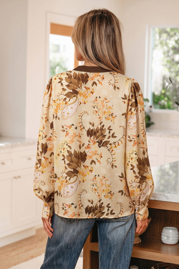 Khaki Paisley Print Tie Neck Long Sleeve Blouse