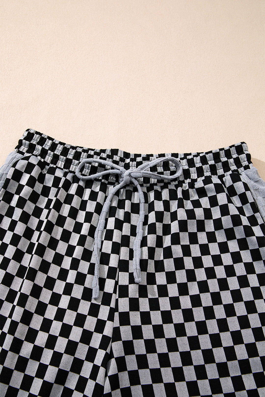 White Checkerboard Drawstring Waist Casual Pants
