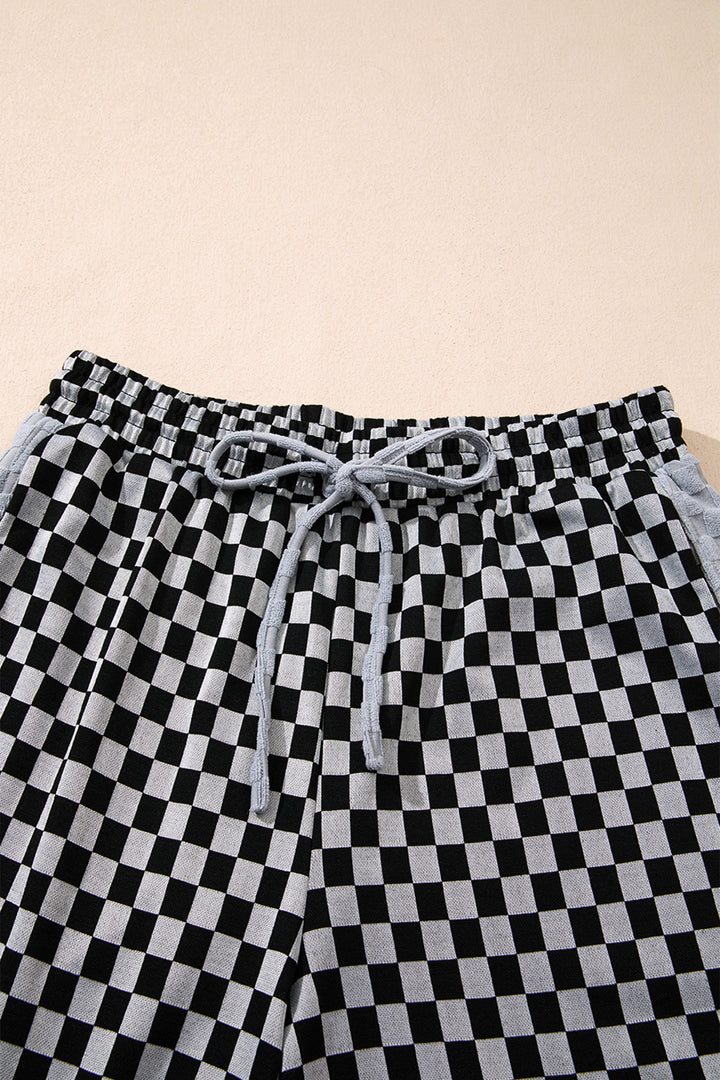 White Checkerboard Drawstring Waist Casual Pants
