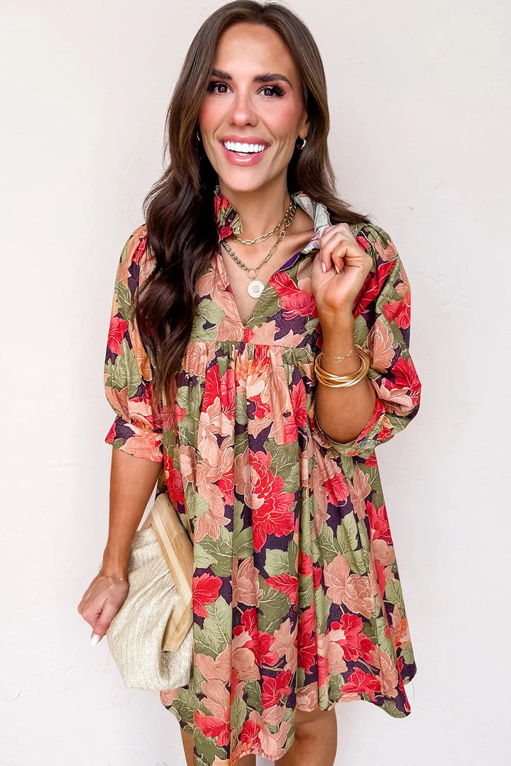 Green Floral Print Frilled Collar V Neck Half Sleeve Mini Dress