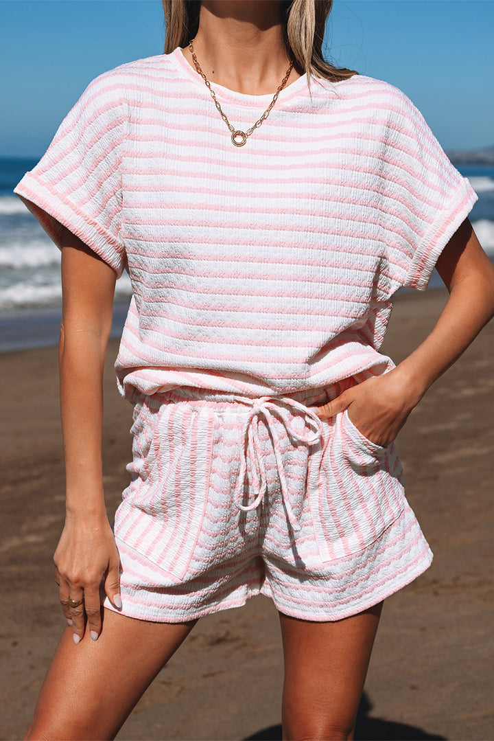 Pink Stripe Knitted Short Sleeve Top and Drawstring Shorts Set