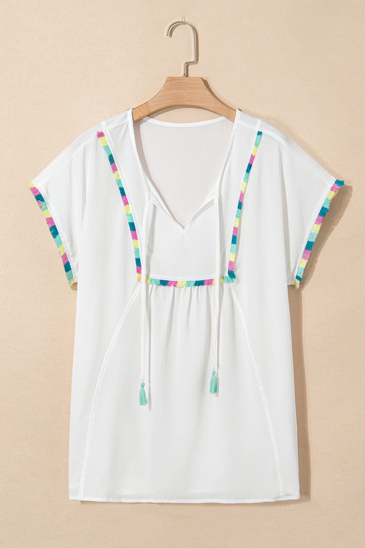 White Colorful Fringed Detail Tassel Tie Neck Short Sleeve Blouse