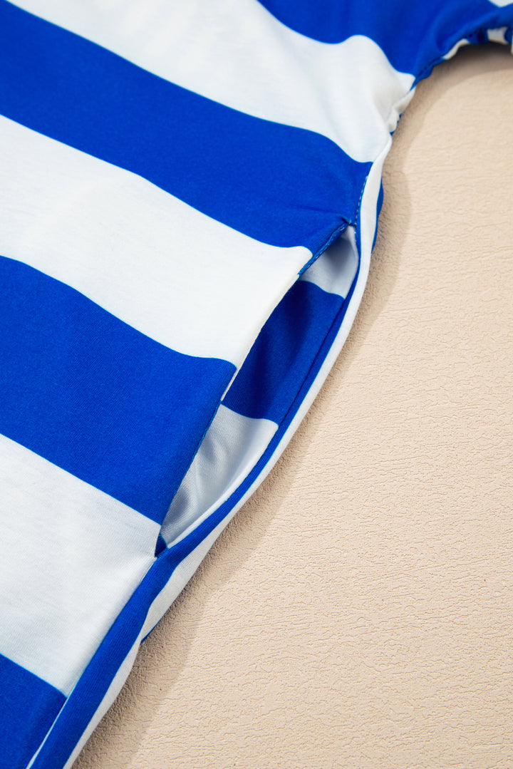 Blue Stripe Mixed Printed Short Sleeve Shift Mini T Shirt Dress