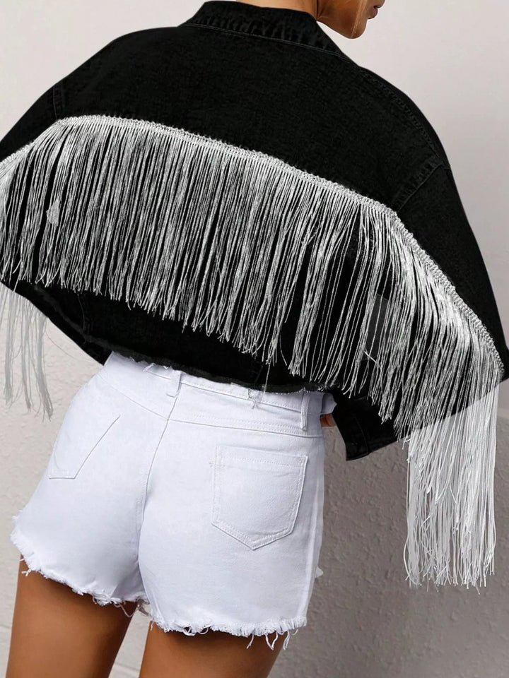 Fringe Button Up Cropped Denim Jacket