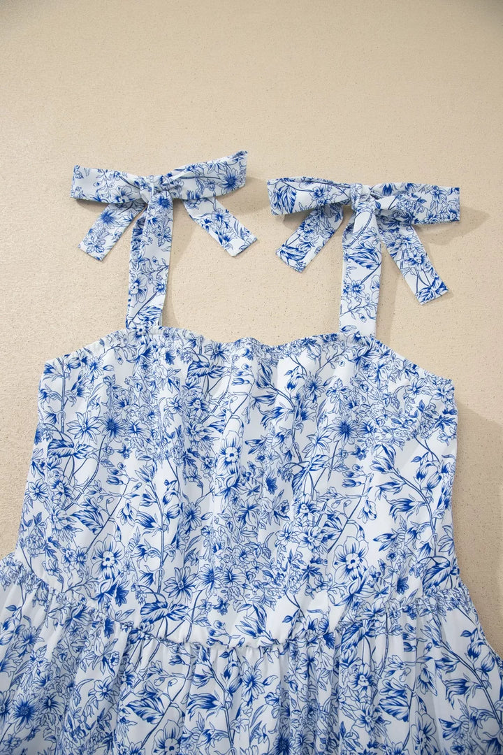 Floral Print Knot Straps High Waist Flared Maxi Dress