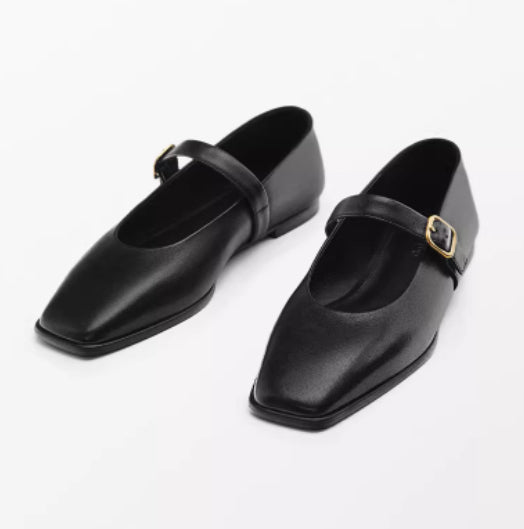 Genuine Leather Square-toe Flat Shoes For Women With Shallow Mouth And Single Strap