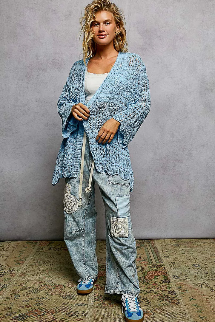 POL Openwork Lightweight Open Front Cardigan with Scalloped Edge