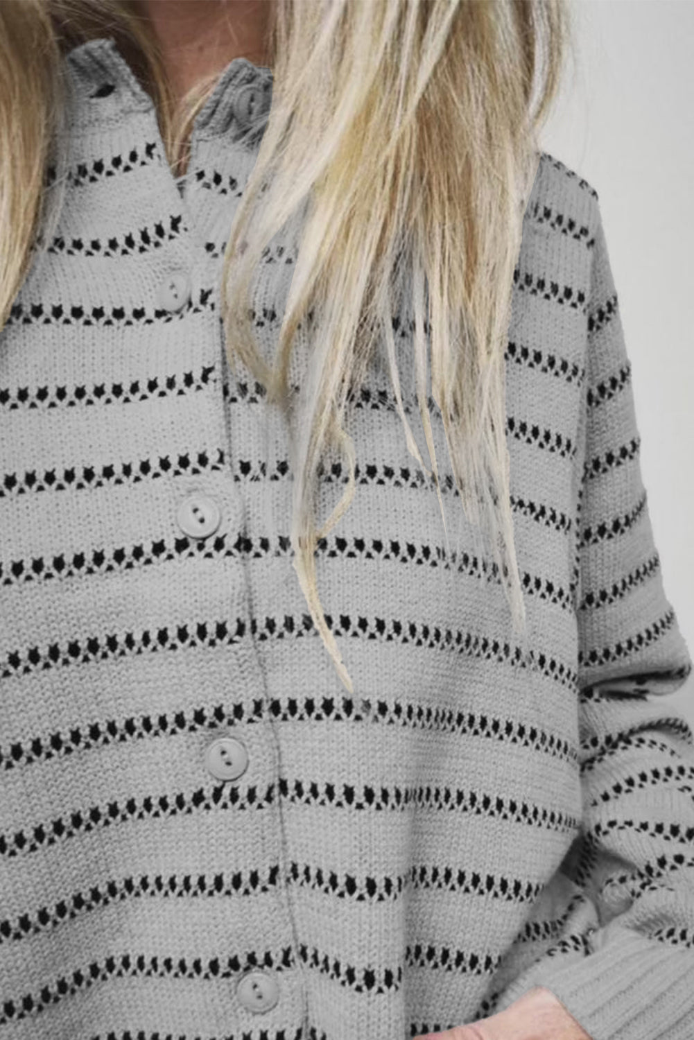 Gray Stripe Button Front Ribbed Trim Short Cardigan