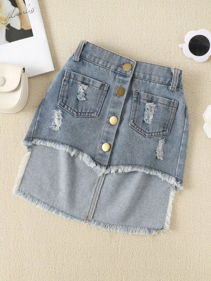 Children's Smocked Top and Distressed Denim Skirt Set