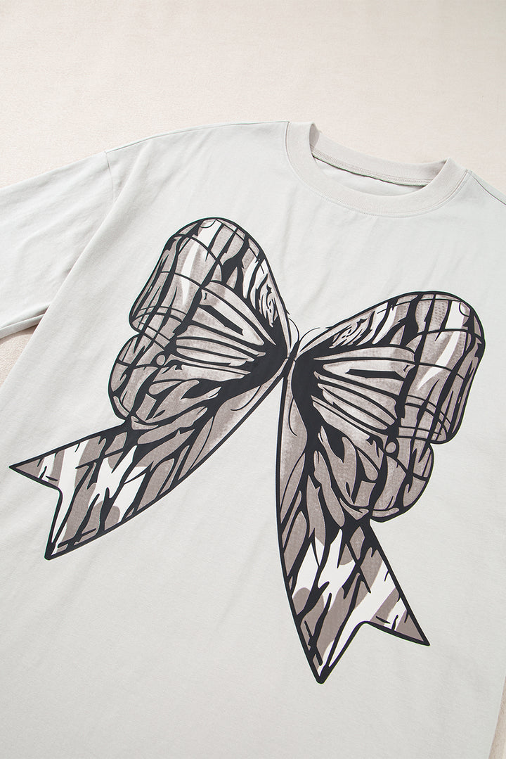 Casual Oversize Big Bow Printed Drop Shoulder Tunic Casual Tee
