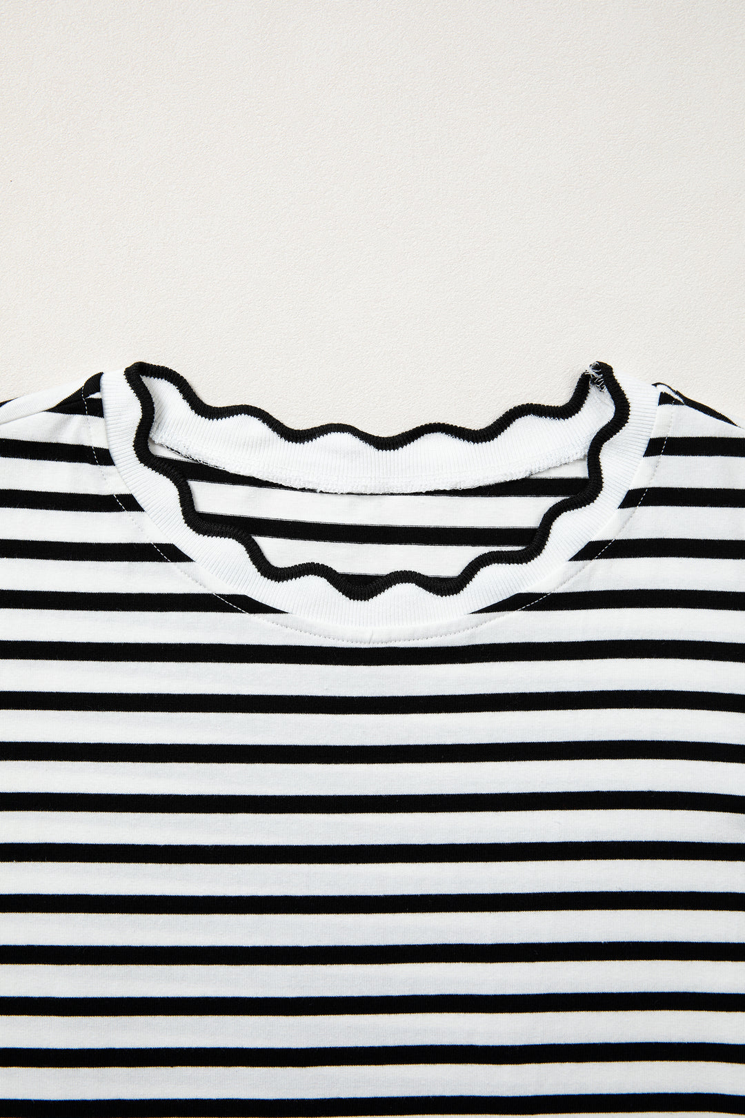 Black Stripe Scalloped Trim Round Neck T Shirt