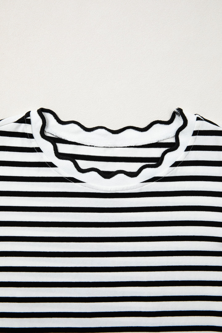 Black Stripe Scalloped Trim Round Neck T Shirt