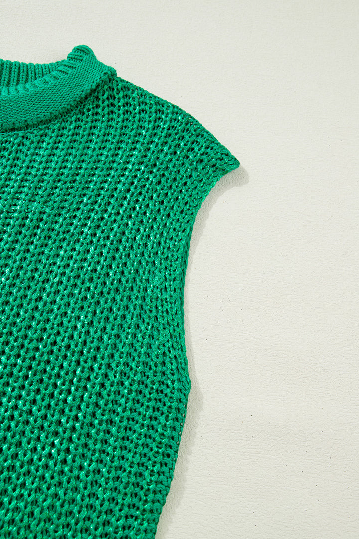 Bright Green Solid Color Knit High Neck Short Sleeve Sweater