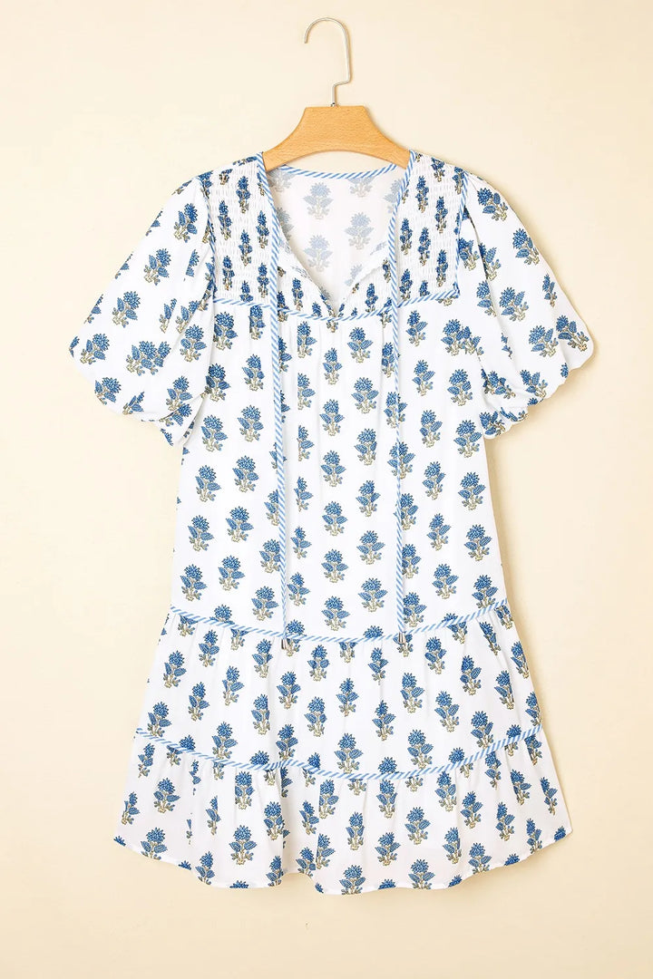 Floral Puff Sleeve Mini Dress with Pockets