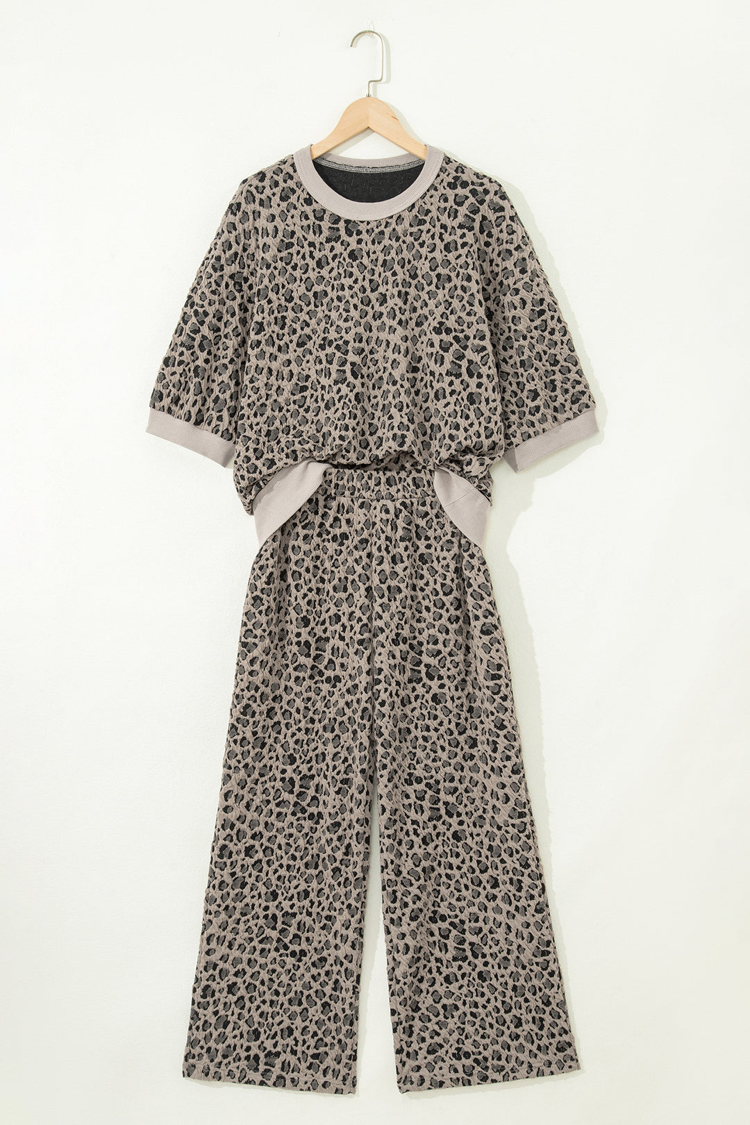 Khaki Jacquard Leopard Half Sleeve Jumper Wide Leg Pant Set