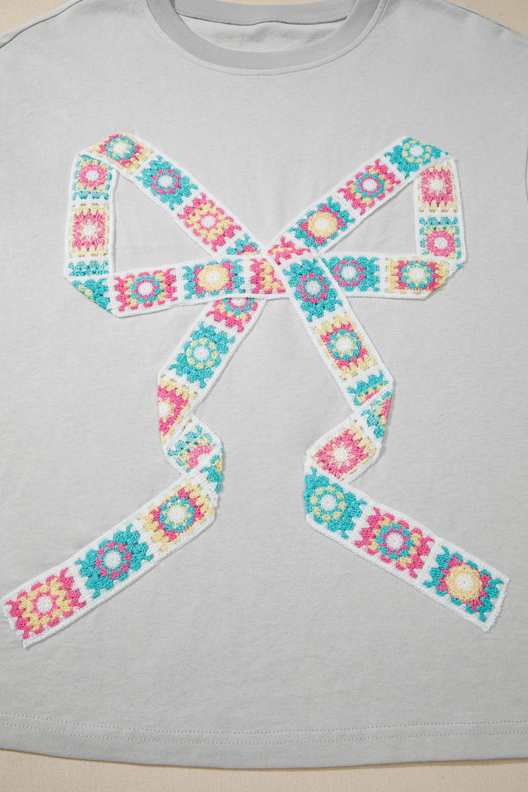 Light Grey Floral Crochet Ribbon Bow Patched Cotton T Shirt