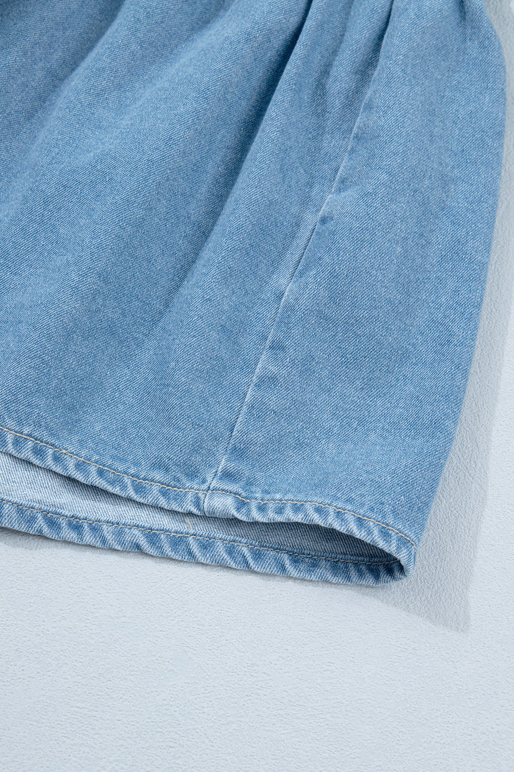 Beau Blue Button Down Short Puff Sleeve Ruffle Hem Patchwork Denim Dress