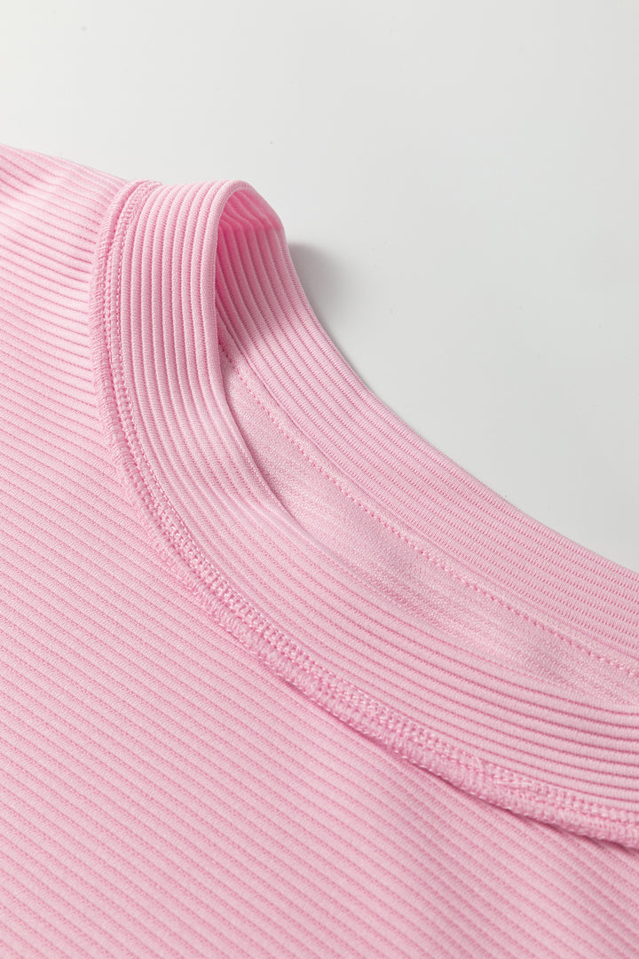 Pink Drop Shoulder Long Sleeve Plus Size Ribbed Top