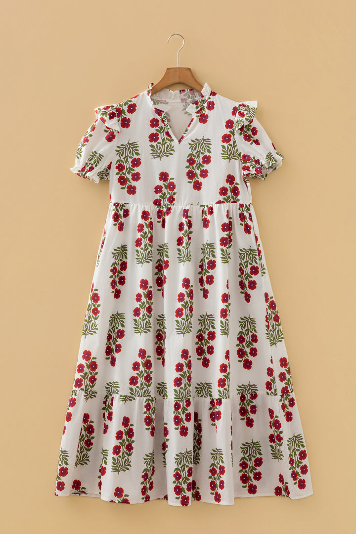 Beige Floral Short Bubble Sleeve Tiered Maxi Dress
